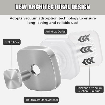 2Pcs Square Suction Cup Hook, 304 Stainless Steel Shower Hook, Removable Suction Cup Knob for Shower, Bathroom, Kitchen, Glass Door, Mirror (Silver)