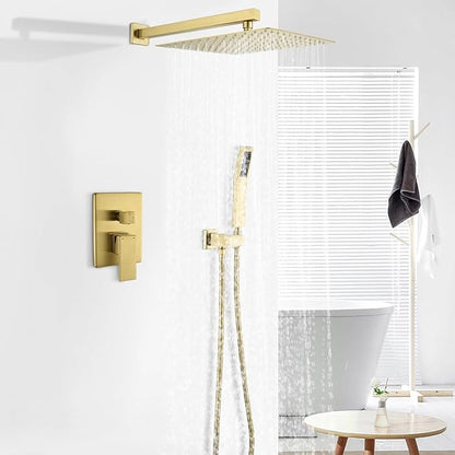 WELLFOR Brushed Gold 12" Wall Mounted Shower Faucet Set Single Handles, Dual Head Shower Faucet System with 2-way Diverter, Shower System with Handheld Spray, Rough in Valve, Hot Cold Water