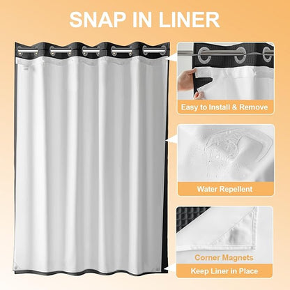 River Dream Extra Long No Hook Shower Curtain with Snap in Liner, Cotton Blend Shower Curtains for Bathroom, Hotel Grade, Water Repellent, Black, 71" Wx86 L