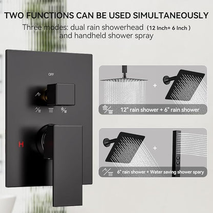 Shower Faucet Set, 12" Rain Shower System with Handheld and Ceiling Mount 6" Rainfall Shower Head, Can Use 2 Modes Together for Two People, 3 Way Shower Valve with 5 Diverter Complete, Matte Black