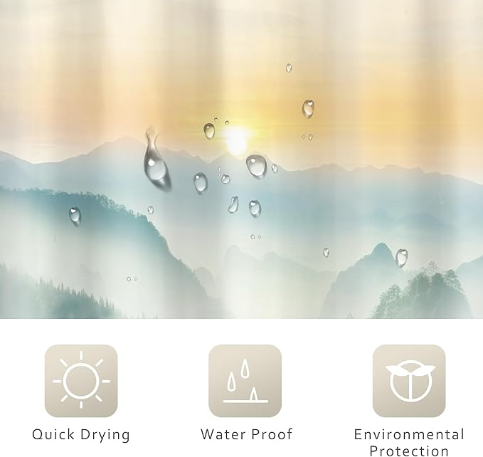 Riyidecor Small Stall Mountain Shower Curtain 48Wx72H Inch Rv Narrow Green Sunset Sunrise Scenery Landscape Woodland Greenery View Bathroom Decor Fabric Polyester Waterproof 8 Pack Hooks