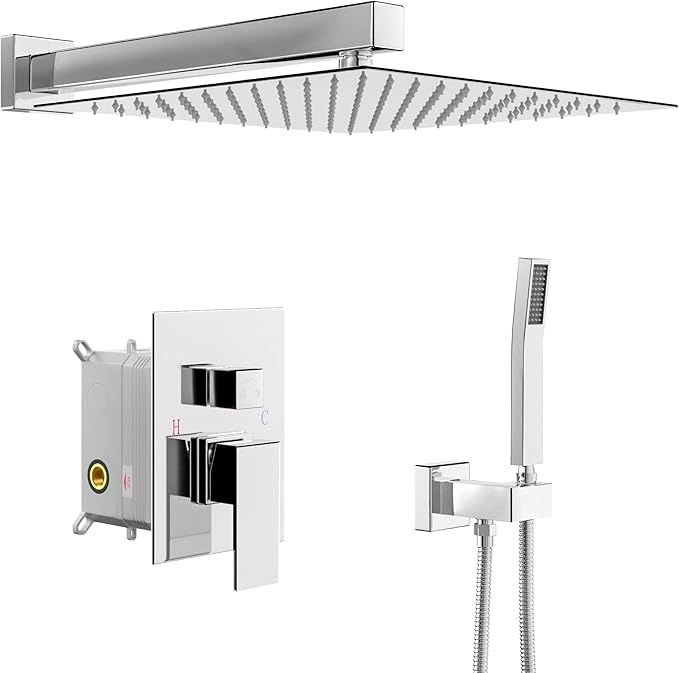Lordear 10 Inch Shower Head Faucet Wall Mounted Chrome Polished Rainfall Shower System Set Stainless Steel Showerhead with Handheld Combo, Brass Valve Included