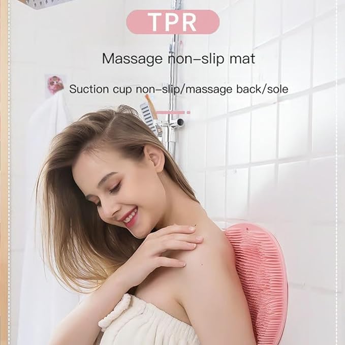 Shower Foot & Back Scrubber, Massage Pad with Suction Cups & Pumice Stone, Multi-Surface Silicone Bath Mat for Exfoliating and Massaging in Shower or Bathtub, 9.8x11.8 Inch (Pink)