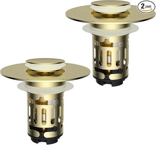 Hibbent 2 Pack Upgraded 3 in 1 Bathroom Sink Drain Strainer, Universal Pop Up Stopper with Removable Stainless Steel Filter Basket Hair Catcher, Sink Plug for 1.1''~2.36'' Basin, Brushed Gold