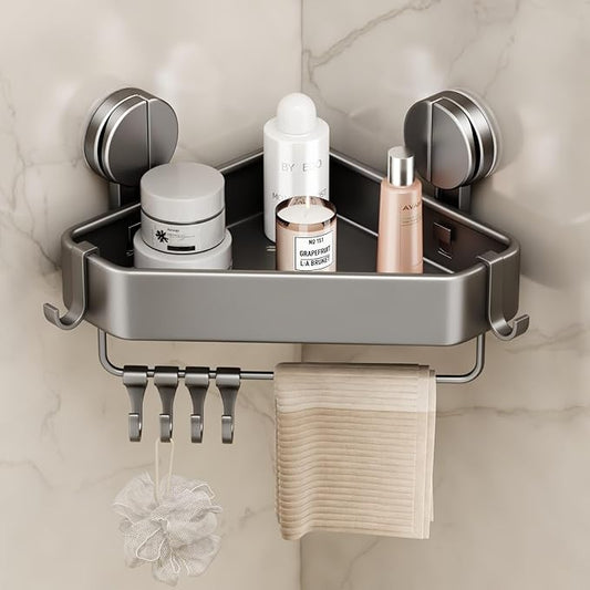 Suction Cup Shower Caddy Corner, 1 Pack Suction Corner Shower Shelves No Drilling, Rustproof Shower Organizer Suction Cup with Towel Holder & Hooks Removable Bathroom Storage Rack(Gray)