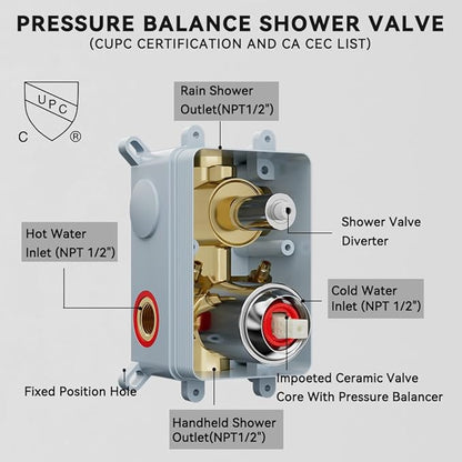 Shower Faucet Set Chrome Shower System, Starbath 12" Rain Shower Head and Handheld Spray Shower Set Complete Wall Mounted, 2 Way Pressure Balance Shower Valve and Trim Kit Included