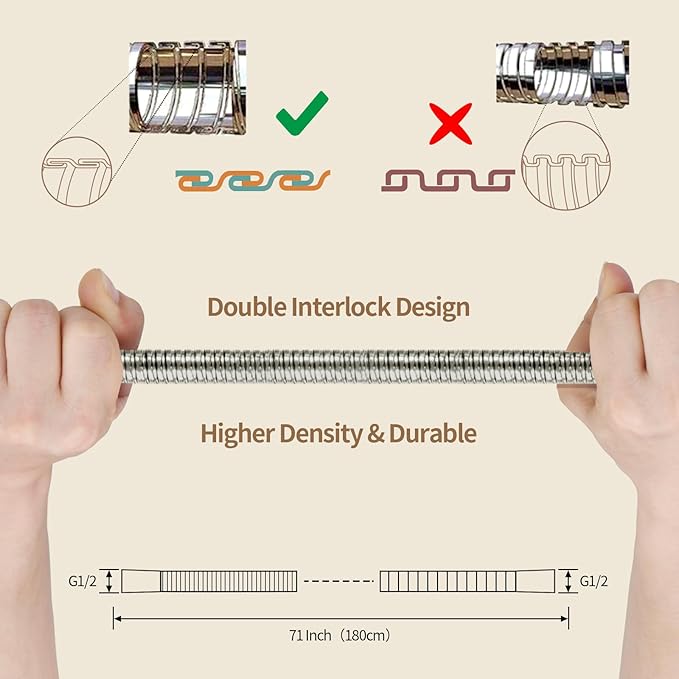 71-Inch Nickel Metal Shower Hose with Dual Cone Anti-Tangle Nuts: 304 Stainless Steels Design, Universal G1/2 Connector for Outdoor/Indoor Use -Suit for Home Gardening, Washing, Showering