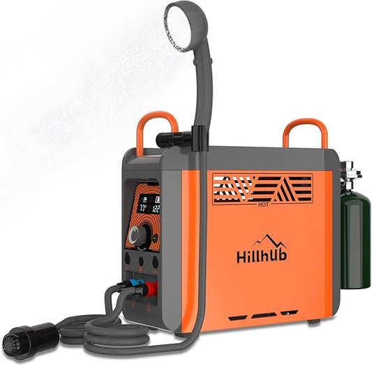 Hillhub Camping Portable Instant Hot Water Heater On Ground, Propane Water Heater with Water Pump & Showerhead, Outdoor Use Only with Overheating Protection, Built-in Battery for Showering & Cleaning