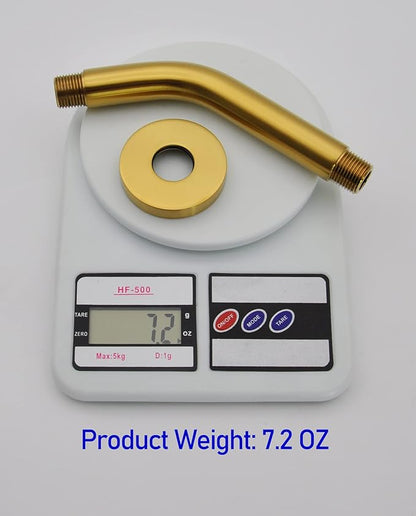 Aquaiaw Shower Arm and O-Ring Flange, 6 inch, Solid Brass, Brushed Gold, Round, Both Soldered 1/2 NPT Tapered Threads, Wall Mount Shower Arm Extension with Escutcheon, for Rain Shower Head Max. 10"