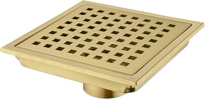 6 Inch Square Shower Drain with Adjustable Shower Drain Base Flange, SUS 304 Stainless Steel Floor Drain with Removable Cover Grid Grate, Brushed Gold Brass Finished