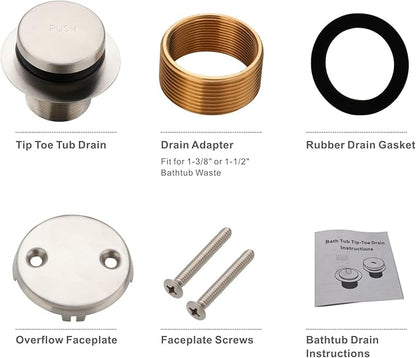 Tip Toe Bathtub Tub Drain Conversion Kit Assembly, Wellup Tub Drain Trim Kit with Two Hole Overflow Faceplate, Brushed Nickel