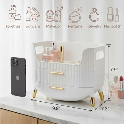 Makeup Organizer with Drawers, Skincare Storage Box for Vanity, Multiple Compartments, Portable Cosmetic Display Case with Handle, Large Make up Organizers for Dresser, Bathroom, Bedroom, White