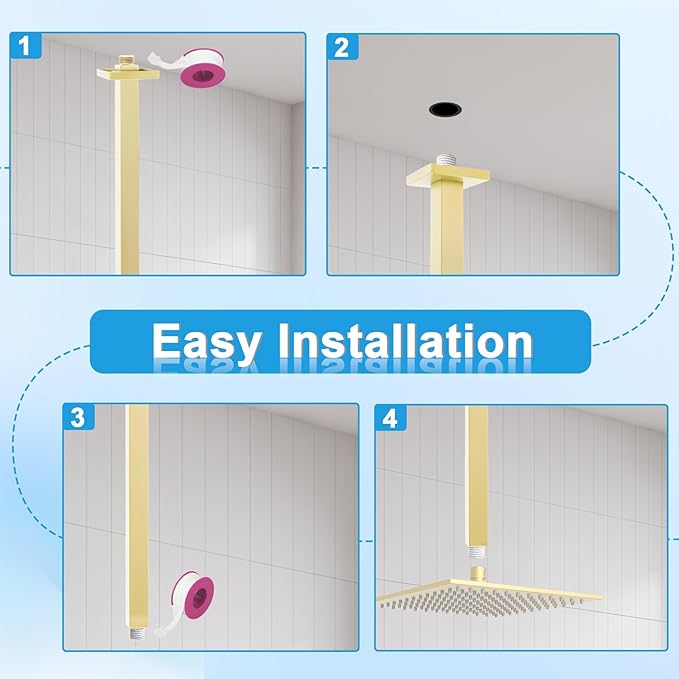 Shower Arm with Flange 24 Inches Ceiling Mount Square Straight Extender Extension Pipe Replacement, Extra Long Shower Arm For Fixed Rain Shower Head or High Ceiling,Brushed Gold