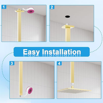 Shower Arm with Flange 24 Inches Ceiling Mount Square Straight Extender Extension Pipe Replacement, Extra Long Shower Arm For Fixed Rain Shower Head or High Ceiling,Brushed Gold