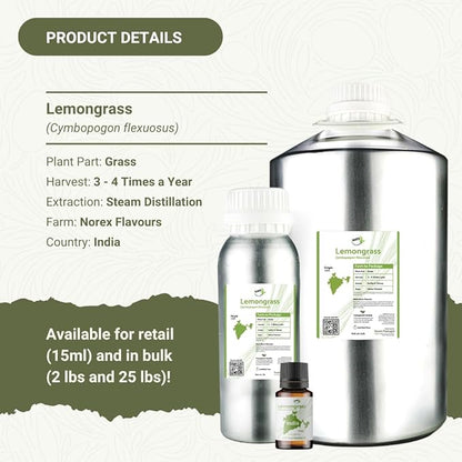 Lemongrass Essential Oil - Natural Aceite de Hierba Limón from Norex Flavours India - Lemongrass Essential Oils for Hair, Aromatherapy and Massage (22lbs)