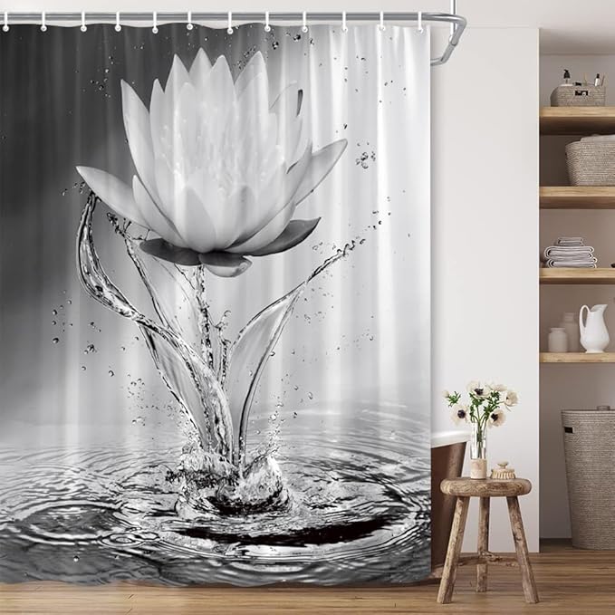 Lotus Shower Curtain Black White Grey Flower Elegant Blooming Floral with Dew Spring Flower Reflection on Water Modern Romantic Polyester Fabric Bathroom Decor 70×96 Inch with Hook