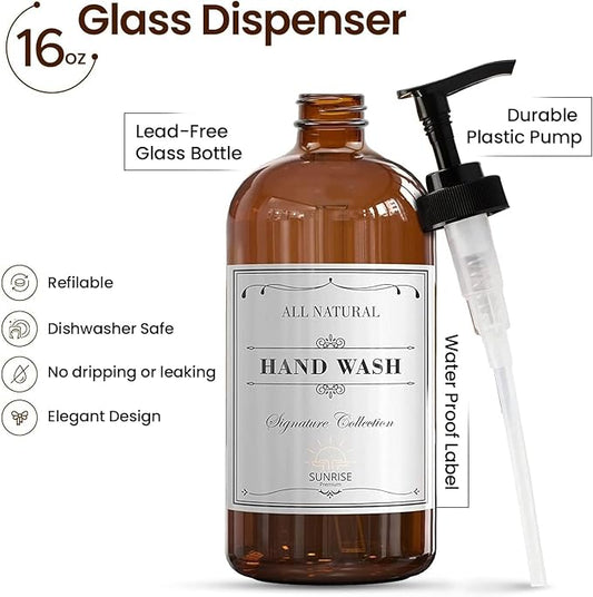 16 OZ Amber Glass Soap Dispenser with Pump, Hand and Dish Soap Dispenser Set for Bathroom with 12 Waterproof Labels, Pack 4