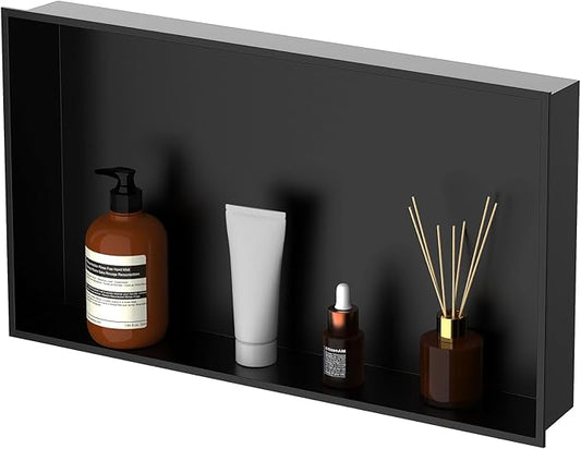 Homevacious Shower Niche 28" X 16" Stainless Steel No Tile Needed Matte Black Bathroom Shelf Rimless Recessed Wall Niche for Bathroom Storage
