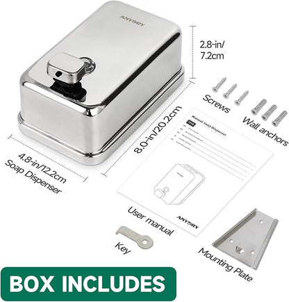 Commercial Wall Mounted Soap Dispenser 37oz 1100ml Large Capacity Polished Stainless Steel Manual Dispenser for High Traffic Restrooms