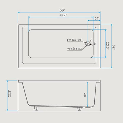 Acrylic Skirted Drop-In Bathtubs 60×32 Inch – Right Hand Drain & Overflow Drop-In Bathtub, Modern Alcove Soaking Bath Tub with Single Skirt Design for Relaxing Home Spa Experience, Easy Installation