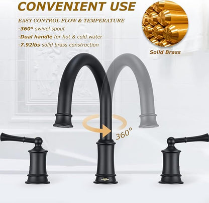 Matte Black Roman Tub Faucet, Antique Bathtub Faucet Set 3 Hole, High Flow Bath Tub Faucet 12-16 inch Widespread, Solid Brass Tub Filler 2 Handle 360° Swivel Spout Rough-in Valve(B2307-BK)