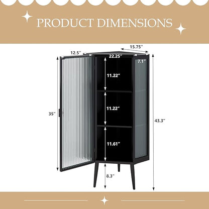 Corner Storage Cabinet with Glass Door, 31" & 43" Freestanding Triangle Floor Cabinet Modern Display Organizer Medicine Cabinets for Bathroom Living Room Bedroom (Black, 43')