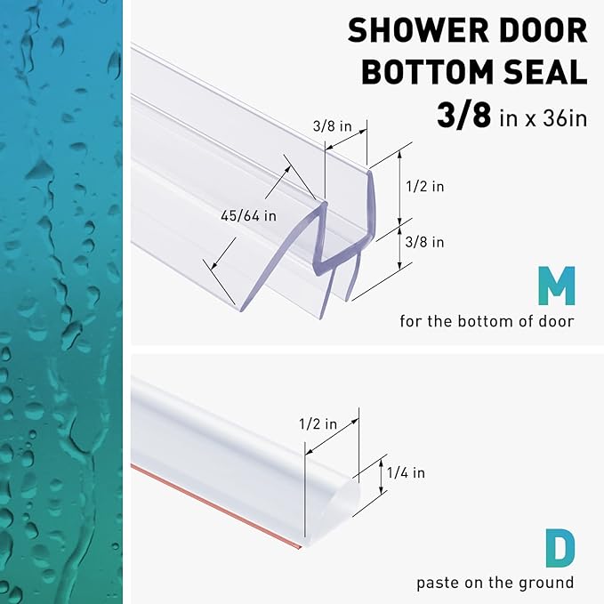 Shower Door Bottom Seal, 4 PCS 3/8" x 36" Shower Door Sweep for 3/8 Inch Glass, Frameless Glass Shower Door Seal Strip, Stop Shower Leaks and Create a Water Barrier