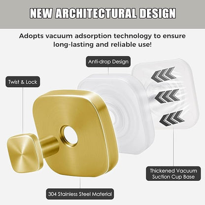 4Pcs Square Suction Cup Hook, 304 Stainless Steel Shower Hook, Removable Suction Cup Knob for Shower, Bathroom, Kitchen, Glass Door, Mirror (Gold)