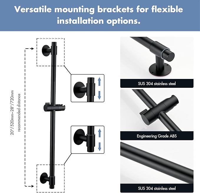 Adjustable Shower Slide Bar with 5-Function Handheld Shower Head, Stainless Steel Drill-free Mounted Slide Bar Combo with Extra Hose (Matte Black)