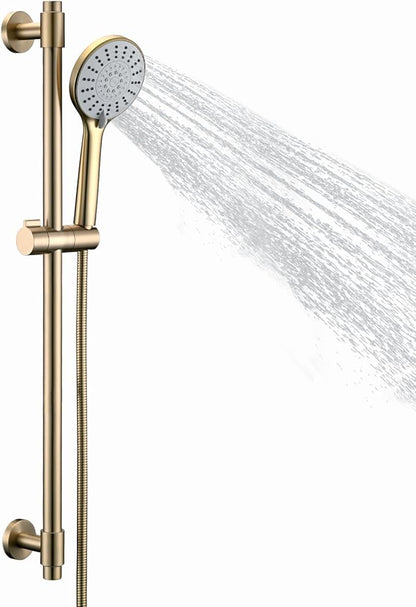 Adjustable Shower Slide Bar with 5-Function Handheld Shower Head, Stainless Steel Grab Slide Bar Combo with Extra Hose (Brushed Gold)