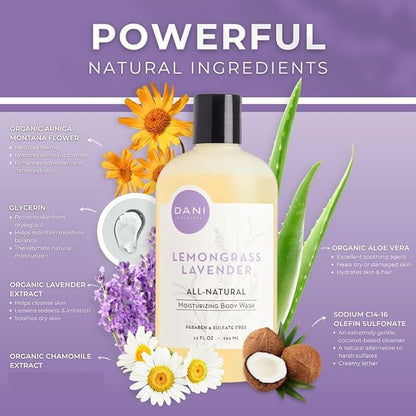 DANI Naturals Moisturizing Body Wash - Calming Lemongrass Lavender Scent with Organic Aloe Vera & Natural Glycerin - Paraben, Sulfate, & Phthalate-Free Shower Gel - 12 oz Bottle, Vegan & Cruelty-Free