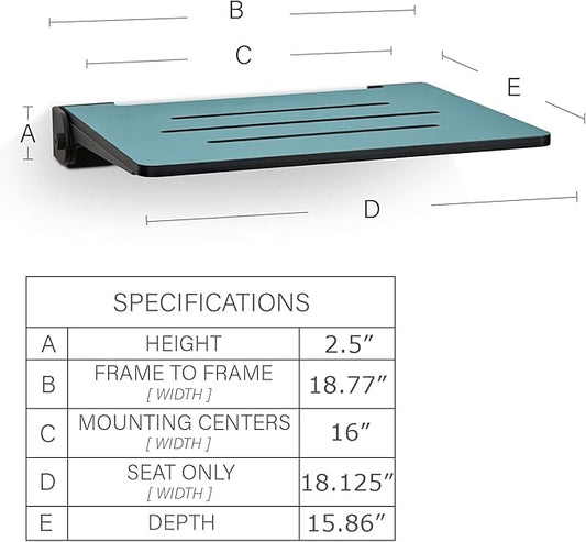 18 inch Silhouette Slimline Folding Wall Mount Shower Bench Seat, Teal Seat with Matte Black Frame