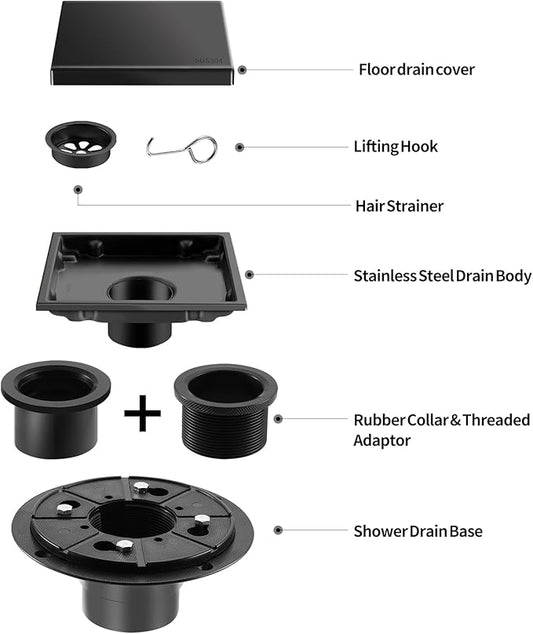 Hidden Brushed Square Shower Floor Drain, Black 6 inch, 304 Stainless Steel, with Flange, Detachable Cover Embedded in Ceramic Tiles