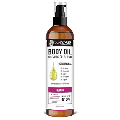pureSCRUBS Ultra Moisturizing Jasmine Body Oil Spray for Dry Skin, Massage, Cuticles & More - Organic Super Blend of Jojoba, Argan, Coconut, Sweet Almond & Avocado Enriched with Vitamin E, Lg 4oz