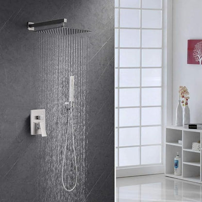 Iriber Brushed Nickle Shower System 10 Inch High Pressure Rainfall Shower Head Brass Shower Set Bathroom Rain Shower Mixer Shower Valve Modern Rain Shower and Shower Faucet and Handheld Combo Set