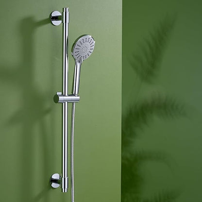 Adjustable Shower Slide Bar with 5-Function Handheld Shower Head, Stainless Steel Drill-free Mounted Slide Bar Combo with Extra Hose (Chrome)
