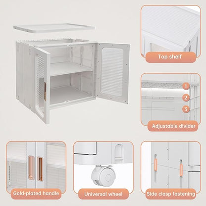 Storage Bins with Lids and Doors Storage Cabinet with Wheels Plastic Stackable Pantry Cabinet Cupboard Closet Foldable Kitchen Collapsible Storage Bins for Book Snack and Bathroom Organizer