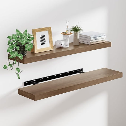 Heimlove 36 inch Floating Shelves for Wall,2 Packs Natural Pine Solid Wood Floating Shelves, 8 inches Deep Wooden Shelves for Kitchen Bedroom Office & Living Room Display Wall Decor