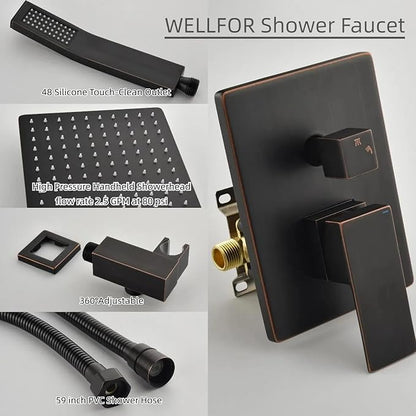 WELLFOR10-in Wall Mounted Shower Faucet Set Dual Head Built-In Shower Faucet System, 2.5 GPM, Bathroom Shower Faucets Sets Complete with 2-way Diverter & Pressure-balanced Valve, Oil-Rubbed Bronze