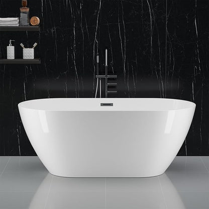 67 in Acrylic Freestanding Bathtub, Contemporary Stand Alone Tub,Glossy White Soaking Tub, Oval Bathtub with Chrome Overflow and Drain, CUPC Certified