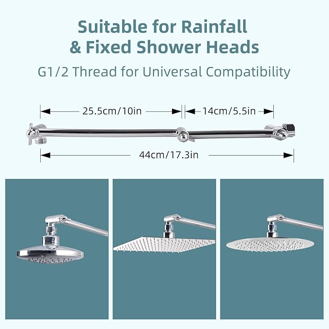 iFealClear All Metal 16" Shower Head Extension Arm, Solid Brass Shower Head Extender Adjustable Height Angle, G1/2 Universal Connection Stainless Steel Pipe with Lock Joint for Rain Showerhead, Chrome