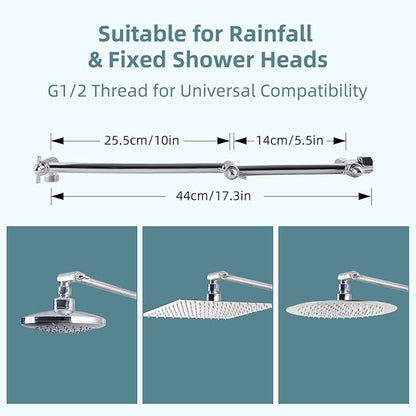 iFealClear All Metal 16" Shower Head Extension Arm, Solid Brass Shower Head Extender Adjustable Height Angle, G1/2 Universal Connection Stainless Steel Pipe with Lock Joint for Rain Showerhead, Chrome