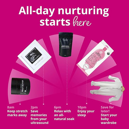 Bump Boxes 2nd Trimester Gift Set, Complete Pregnancy Care Package with Belly Butter, Bath Soak, Baby Footed Sleeper, Sonogram Frame and Eye Mask