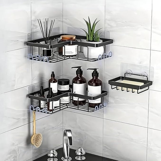Shower Caddy Corner Shelf with Soap Holder, No Drill Adhesive Wall Mounted with Hooks - Rustproof Stainless Steel Rack by ARK.
