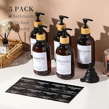Shampoo and Conditioner Dispenser, 5Pack Refillable Dispenser Bottles,16.9oz Pump Bottles, Amber Shampoo Containers for Shower
