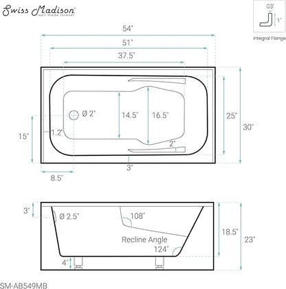 Voltaire 54 in. x 30 in. Acrylic Matte Black, Alcove, Integral, Left-Hand Drain, Apron Bathtub