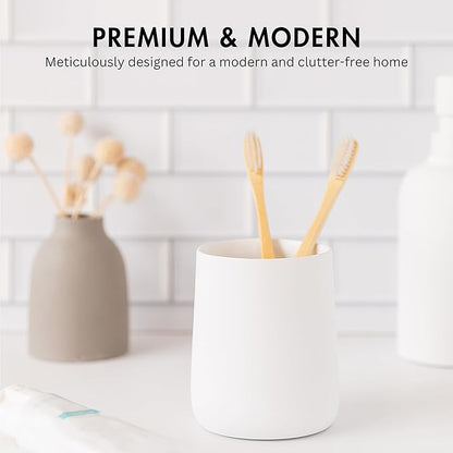 Matte White Toothbrush and Toothpaste Holder and Cup for Bathroom Vanity and Countertop, Round Organizer for Electric Toothbrushes, Floss, Razors, Cotton, and Mouthwash
