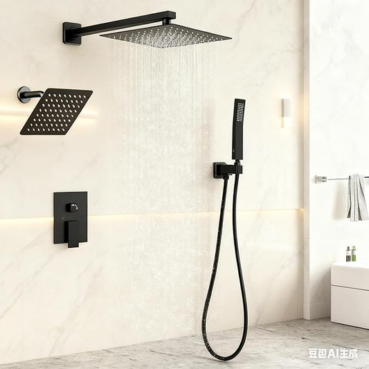 12 Inch Shower Head Set With Valve, Shower Faucet Set With Tub Spout, Rain Shower System, Black Shower Head And Handle Set, Ceiling Mount Shower Trim System