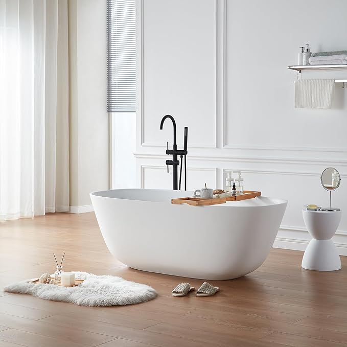 Cpingao 55" Stone Resin Solid Surface Freestanding Bathtub, Modern Elegant Design Soaking Stand Alone Tub, Matte White, Chrome Drain and Overflow Included 8823A-1400