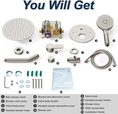 Shower Faucet Set 10IN Brass Rough-In Valve Body Trim Kit Rainfall Included Handle Accessories Complete 2 Functions with Rain Head and Handheld Bathroom Systems (10'', Brushed Nickel)